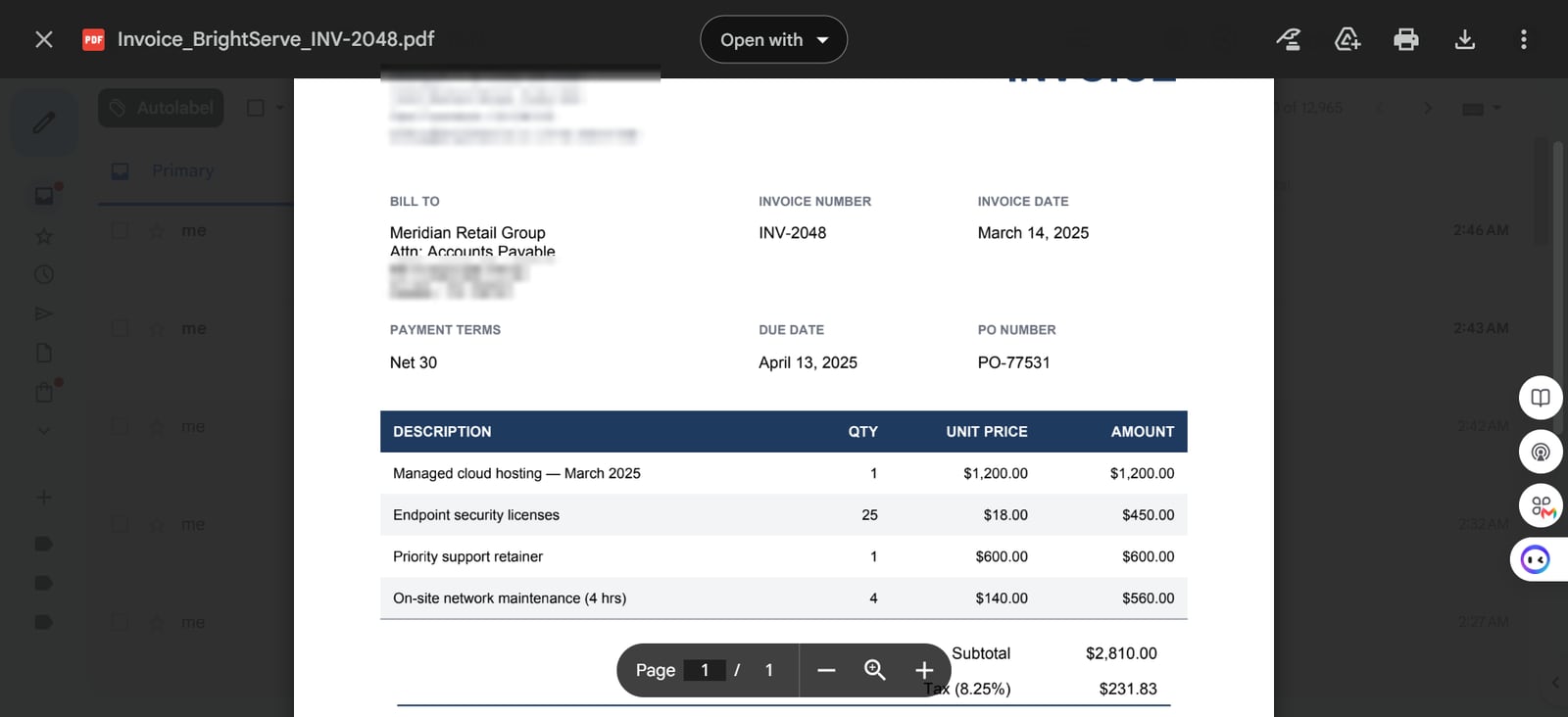 The invoice PDF from BrightServe Solutions open in Gmail, showing invoice number INV-2048, the bill to company, dates and line items, with addresses and contact details blurred