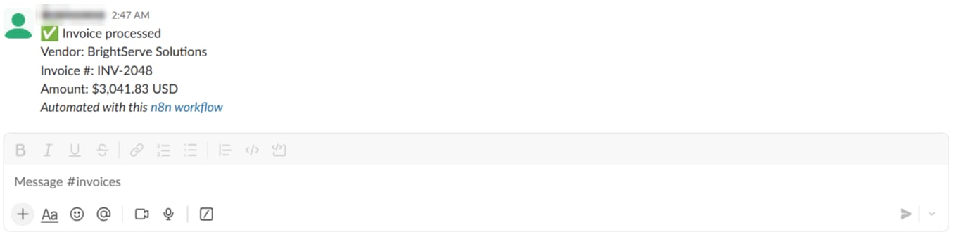 Slack message Invoice processed with vendor BrightServe Solutions, invoice INV-2048 and amount $3,041.83 USD