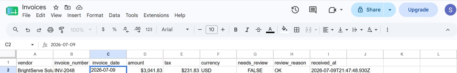Google Sheet named Invoices with vendor, invoice number, date, amount, tax, currency, needs review, review reason and received columns filled for INV-2048