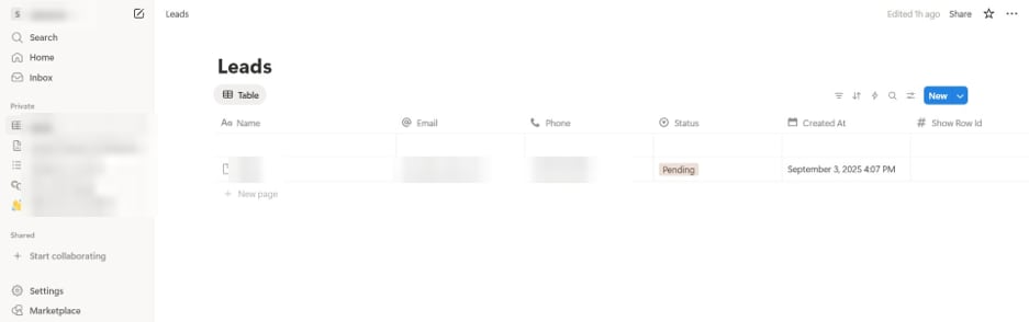 Notion Leads database with one lead marked Pending, with the name, email, phone and workspace details blurred