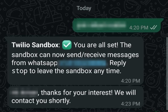 WhatsApp chat with the Twilio sender showing the thank you message sent to a new lead, with the sandbox code, number and name blurred