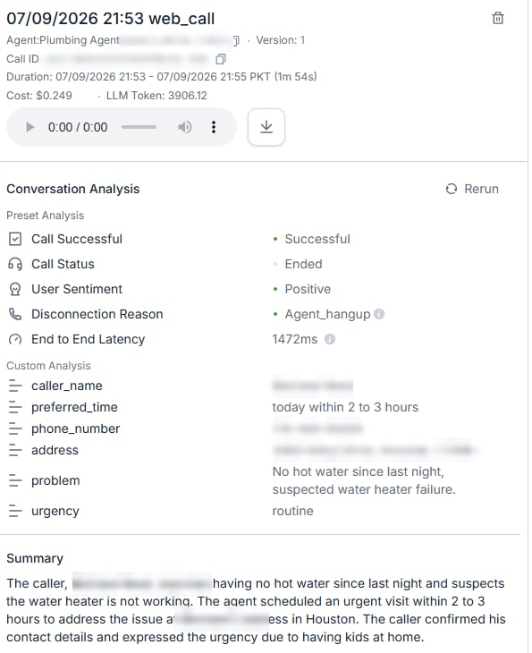 Retell call record showing the call analysis and the extracted fields for caller name, preferred time, phone number, address, problem and urgency, with personal details blurred