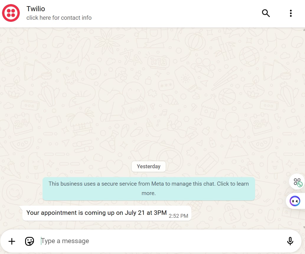 WhatsApp chat with the Twilio sender showing a message delivered on the alert channel
