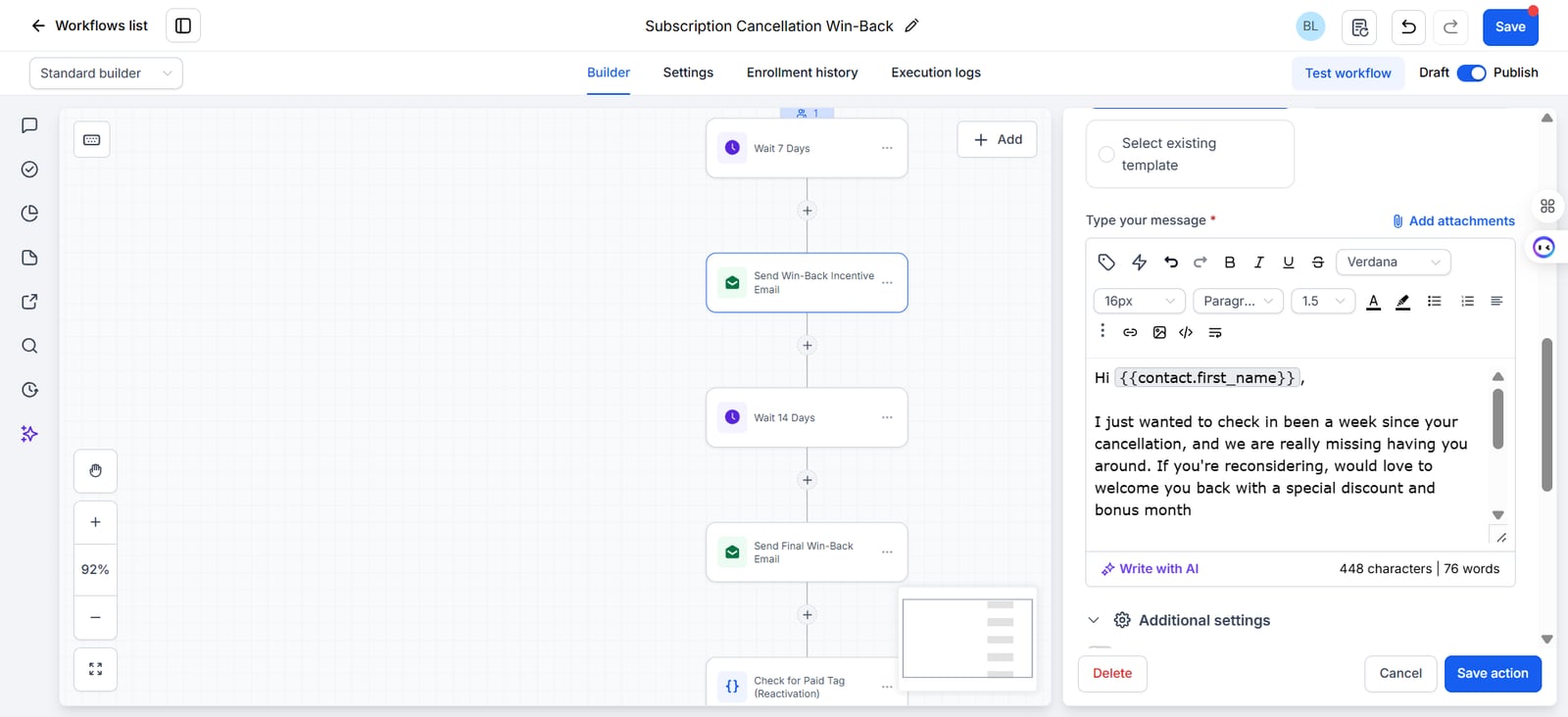 GoHighLevel win-back incentive email step open in the editor, with the message to a cancelled subscriber