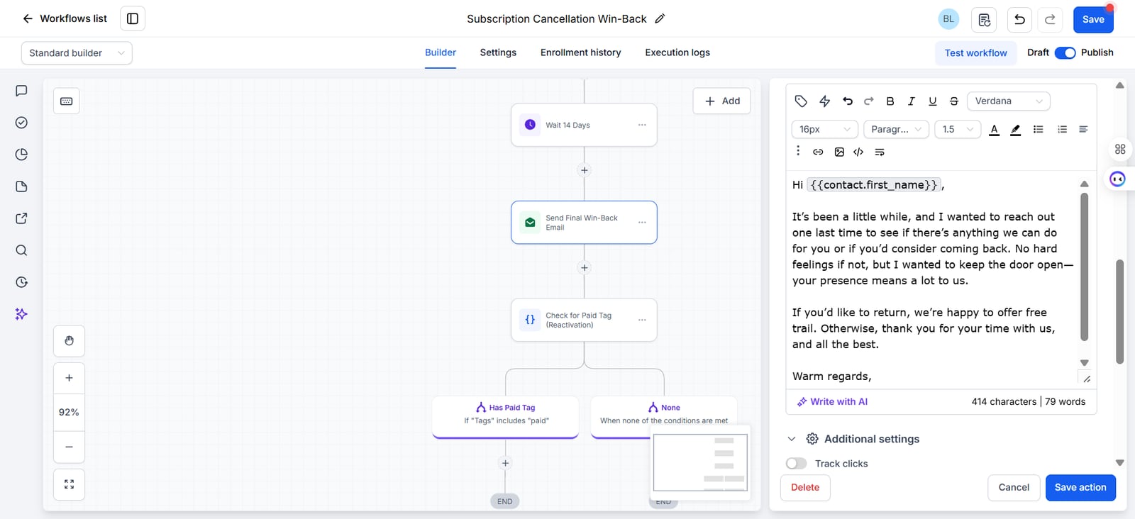 GoHighLevel final win-back email step open in the editor, offering a free trial to return