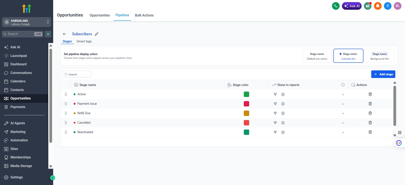GoHighLevel Subscribers pipeline stages: Active, Payment Issue, Refill Due, Cancelled and Reactivated