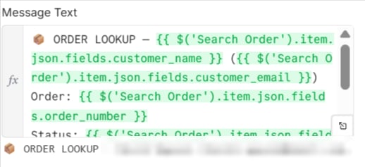n8n message editor showing the Slack message template built from the order search fields