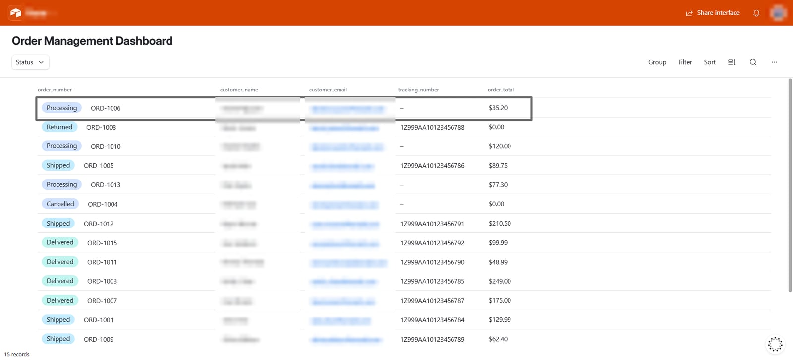 Airtable order management dashboard listing orders with status, order number, tracking number and total, with customer names and emails blurred