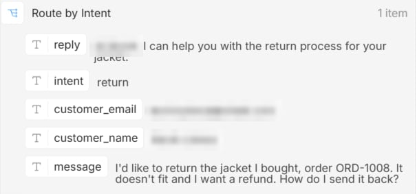 n8n output of the intent router showing the reply, intent return, and the customer's message about returning a jacket, with name and email blurred
