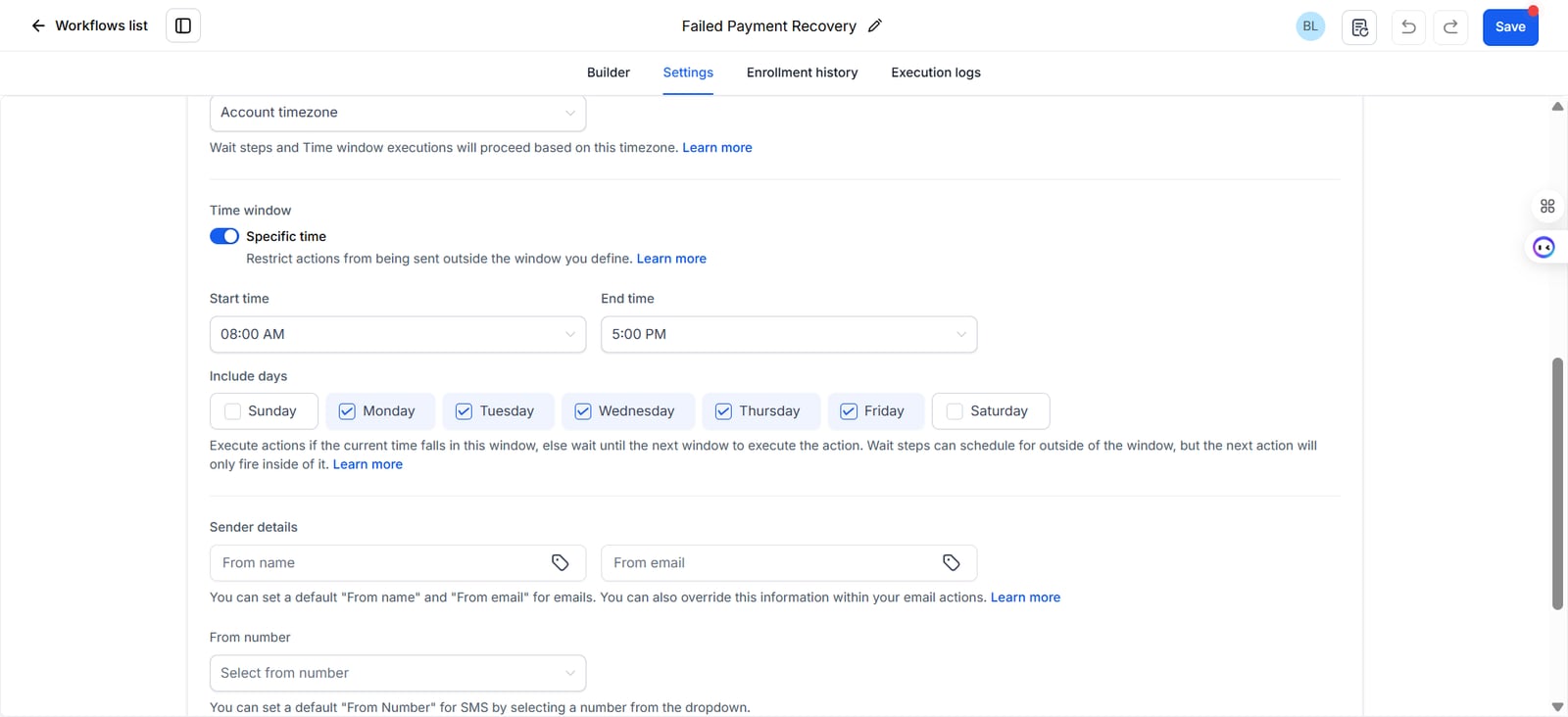 GoHighLevel workflow settings with a time window from 8am to 5pm, Monday to Friday