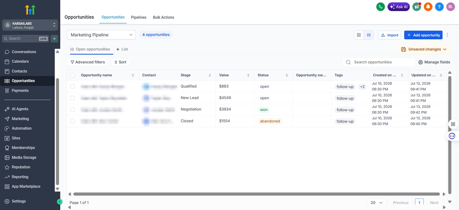 GoHighLevel opportunities list with stages, values and statuses, with opportunity names and contacts blurred