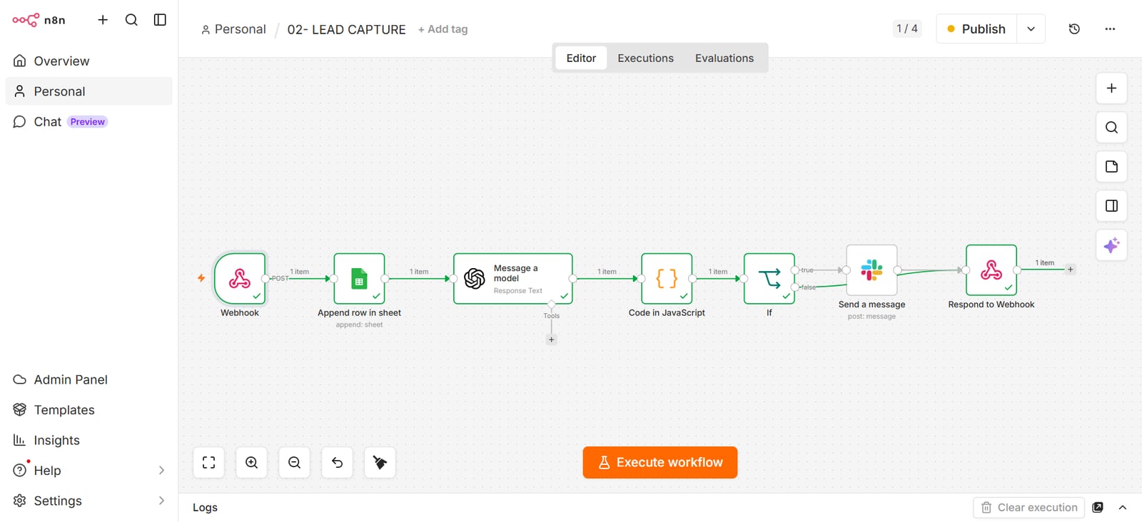 The same workflow after a cold lead, which skips the Slack alert