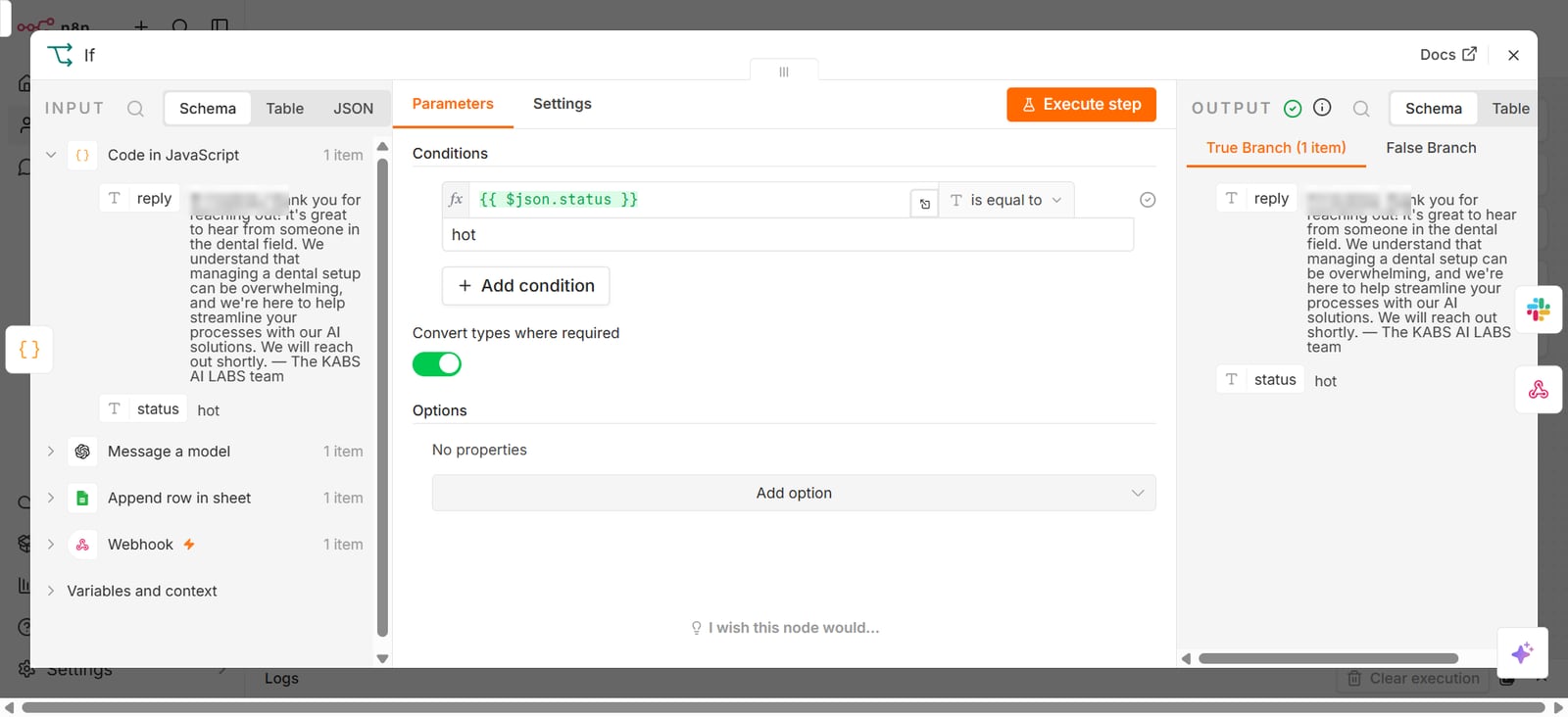 n8n If node checking whether status equals hot, with the personal reply shown on both sides and the lead's first name blurred