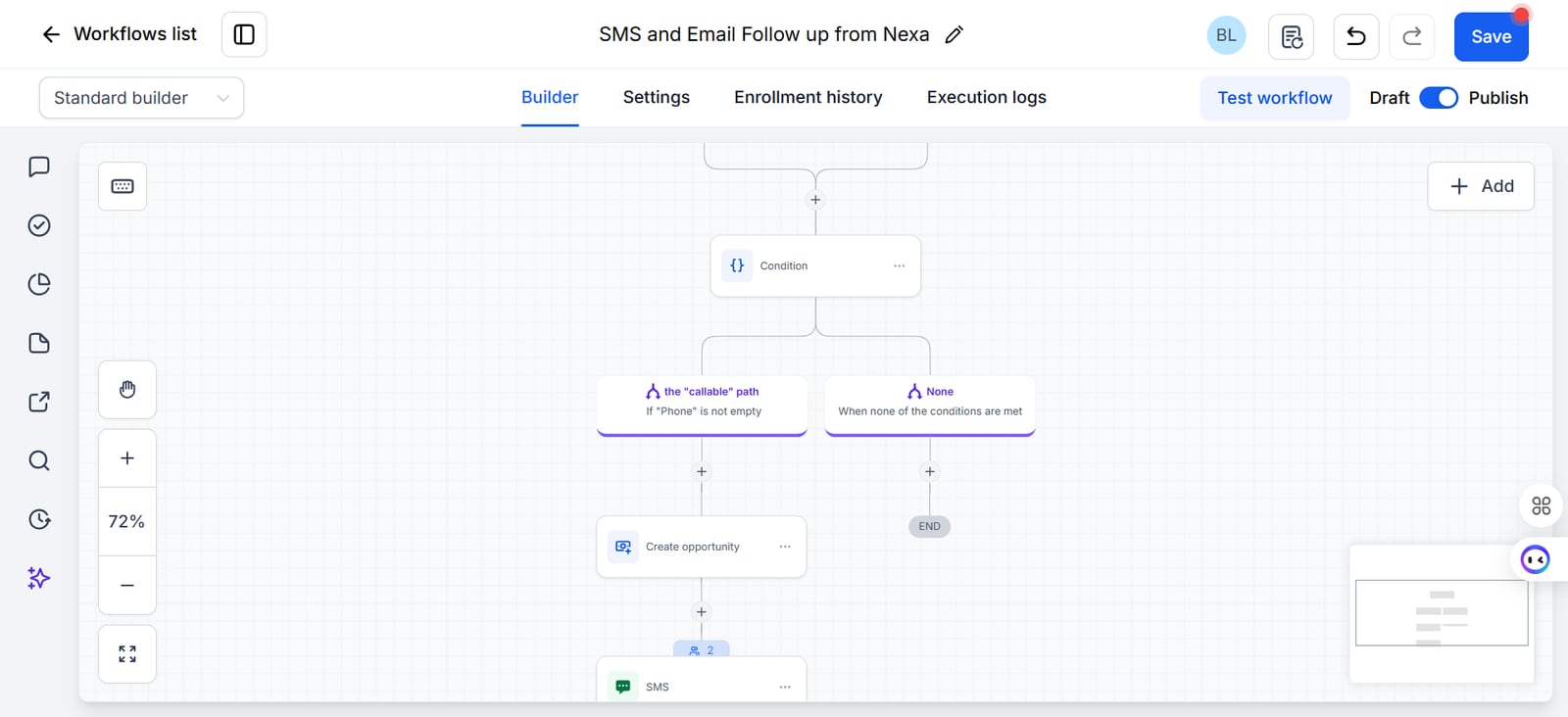 Close-up of the routing condition: the callable path if phone is not empty, otherwise none, followed by create opportunity and the first SMS