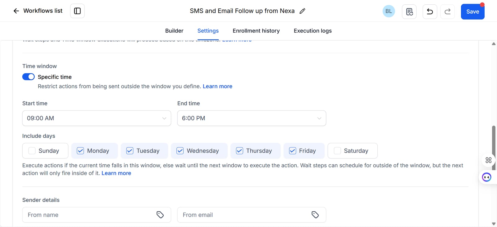 GoHighLevel workflow settings with a time window from 9am to 6pm, Monday to Friday