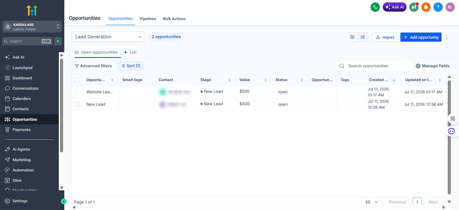GoHighLevel opportunities list showing two new leads in the Lead Generation pipeline, with contact names blurred