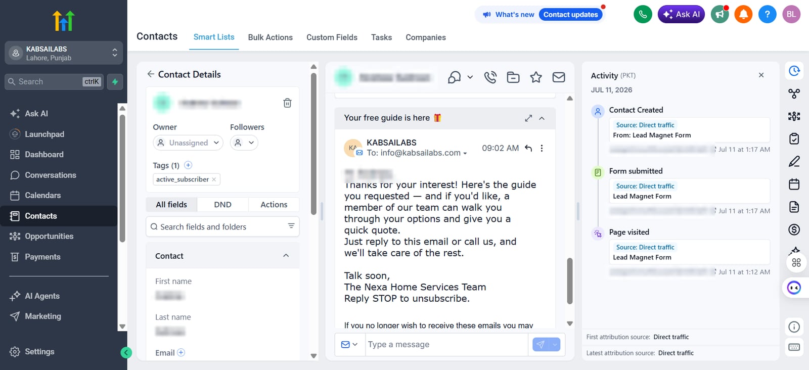 GoHighLevel contact record tagged active_subscriber, with an email in the conversation and the activity timeline, with the contact's name and form IDs blurred