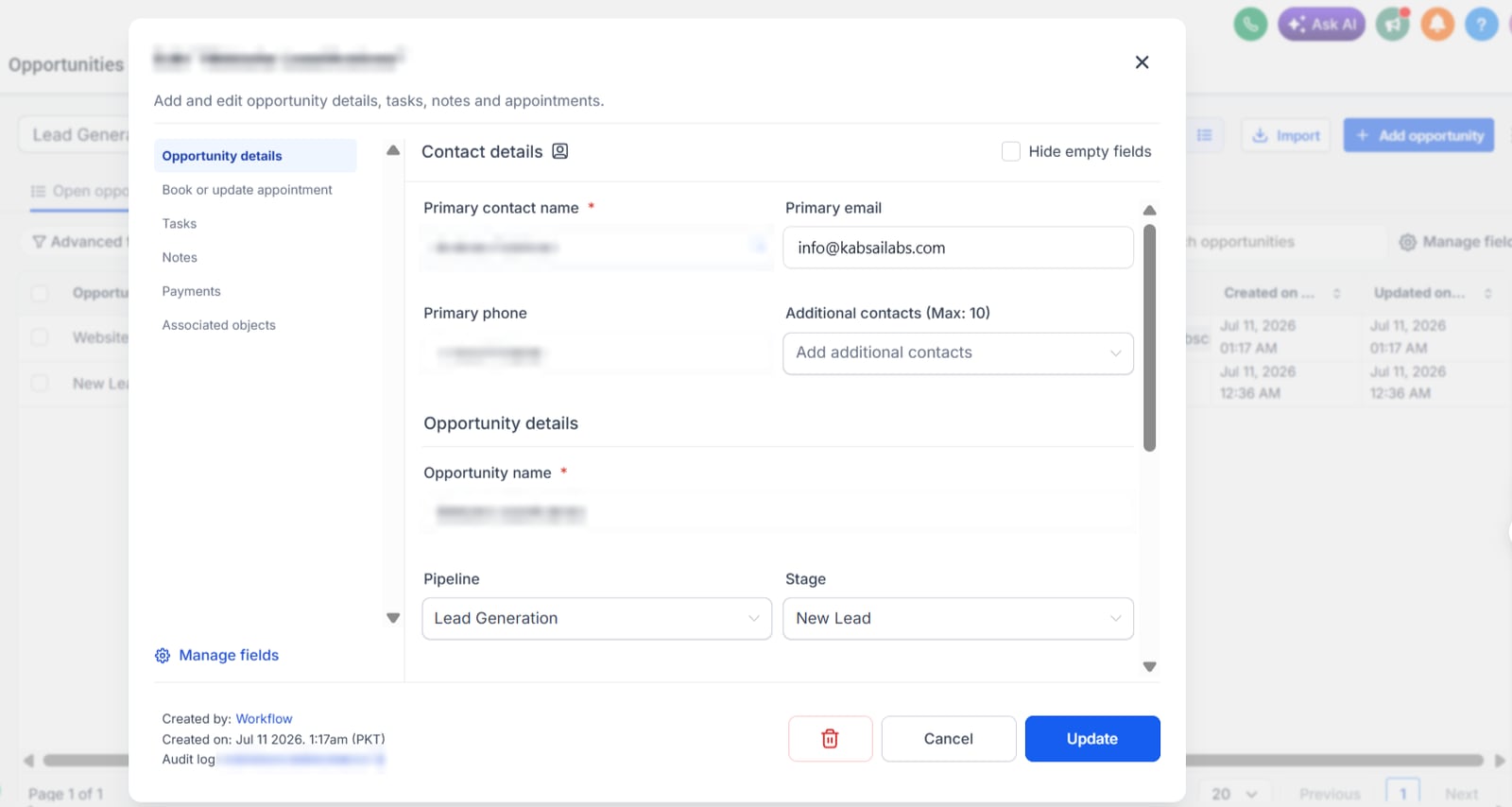 GoHighLevel opportunity edit window showing contact details, pipeline and stage, with the contact's name, phone, opportunity name and audit ID blurred