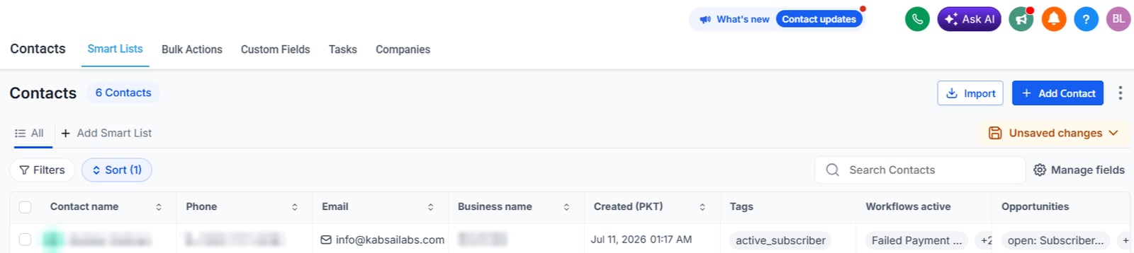 GoHighLevel contacts list showing a contact with the active_subscriber tag and active workflows, with name, phone and business name blurred