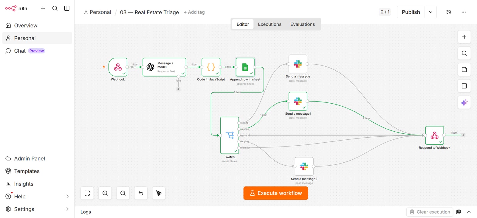 n8n workflow: webhook, AI model, code step, append row to sheet, then a switch that routes selling, renting, buying and general inquiries to separate Slack messages before responding