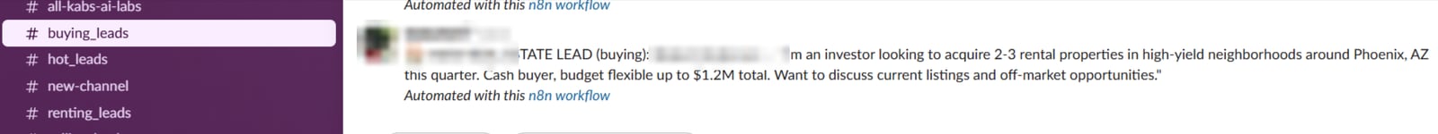 Slack buying_leads channel with a new buying lead from an investor looking for rental properties, with the lead's name and the posting account blurred