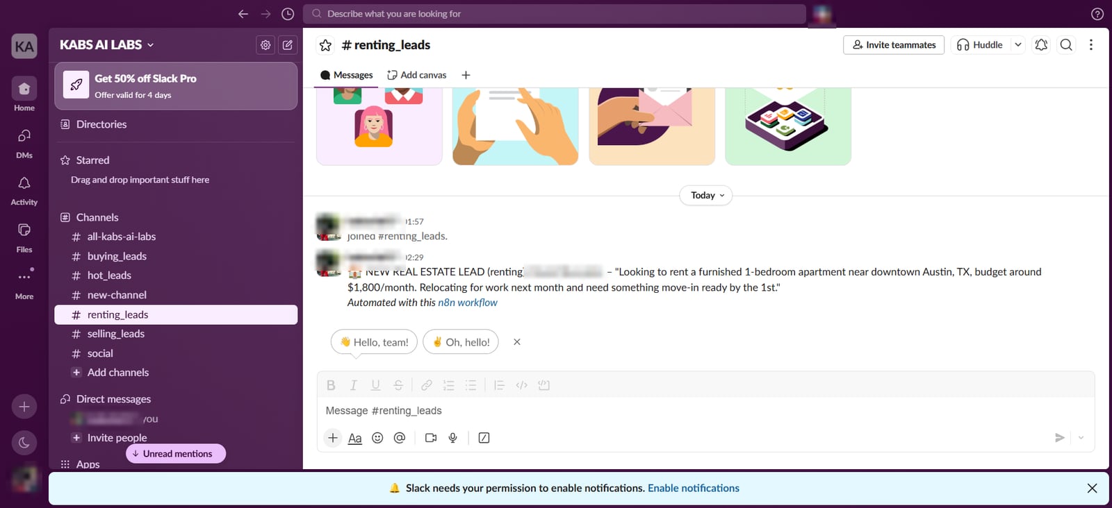 Slack renting_leads channel with a new renting lead looking for a furnished apartment, with the lead's name and account details blurred