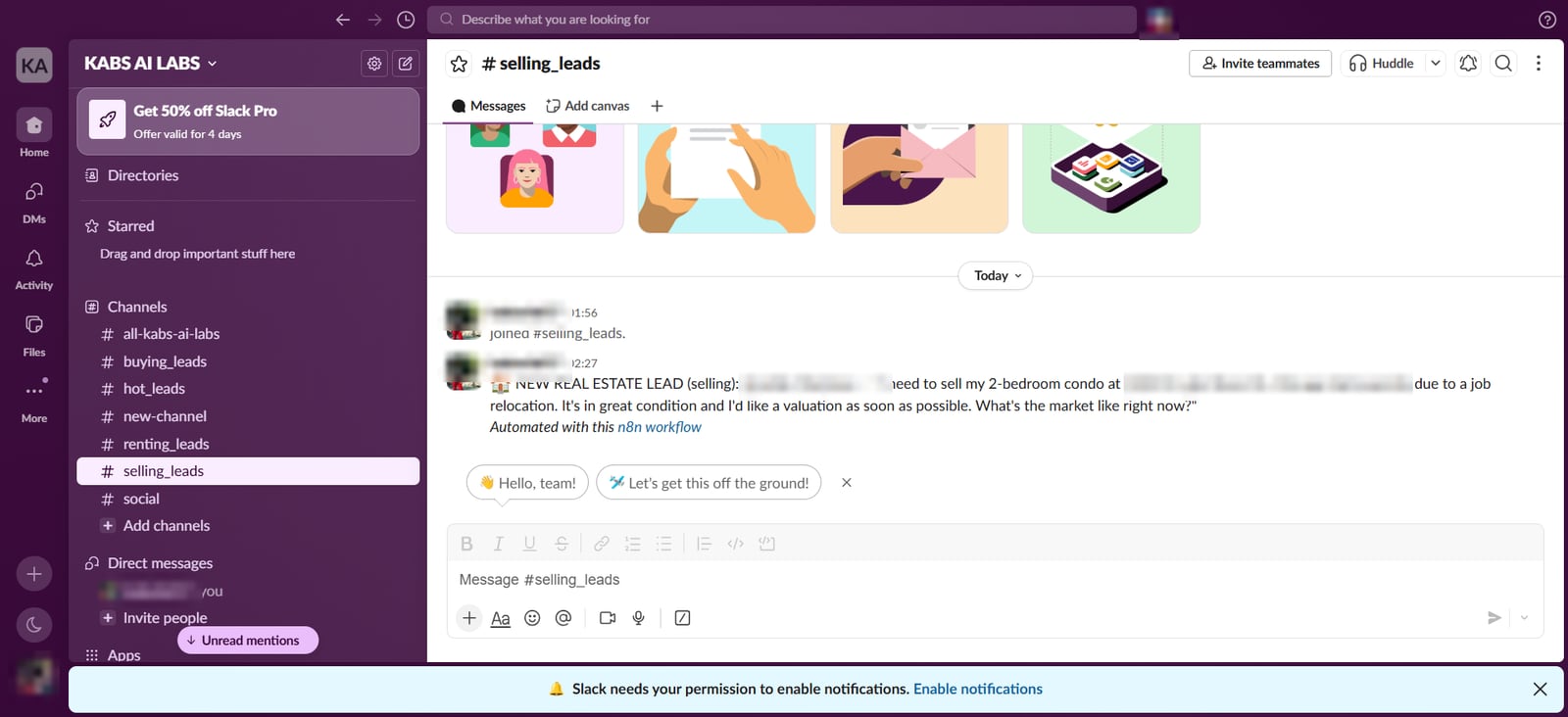 Slack selling_leads channel with a new selling lead asking for a valuation, with the lead's name and street address blurred