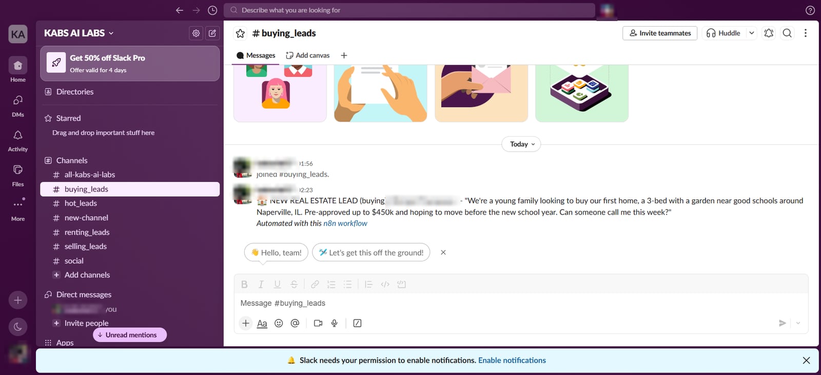 Slack buying_leads channel with the new lead from a family looking for their first home, with names blurred
