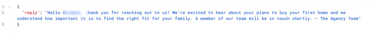 JSON response with the personal reply thanking the family for reaching out, with the first name blurred