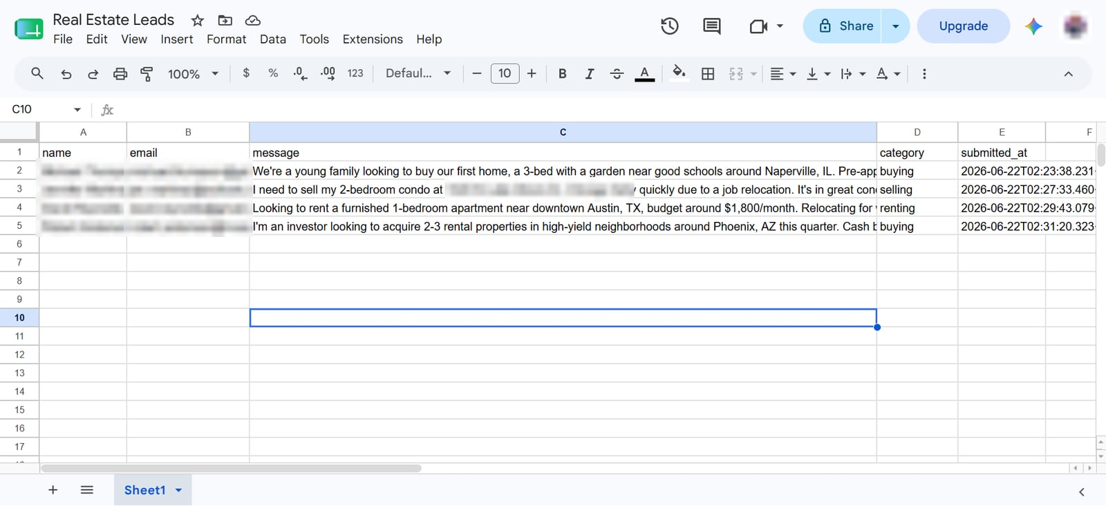 Google Sheet named Real Estate Leads with name, email, message, category and submitted columns, with names, emails and an address blurred