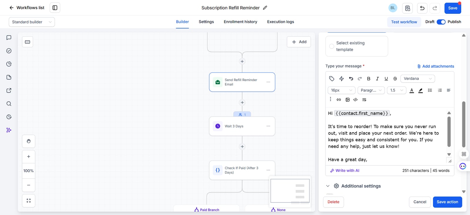 GoHighLevel refill reminder email step open in the editor with the reorder message