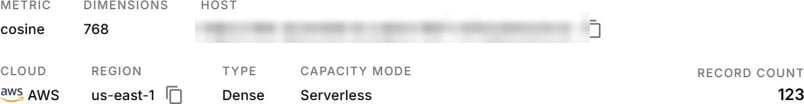 Pinecone index settings showing cosine metric, 768 dimensions, AWS us-east-1, serverless and a record count of 123, with the host URL blurred