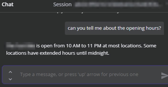 Chat window where a customer asks about opening hours and the chatbot replies with the hours, with the session ID and restaurant name blurred