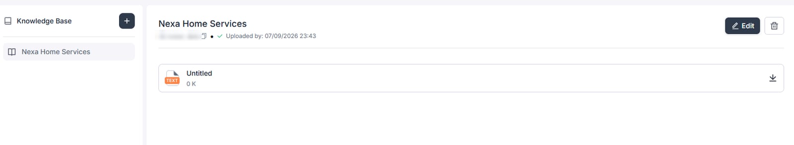 Retell knowledge base page for the company, with the knowledge base ID blurred