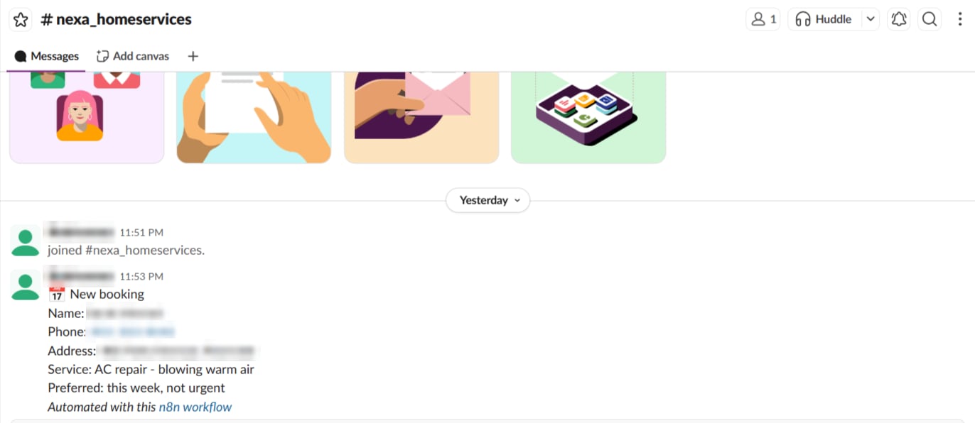 Slack channel with a New booking message showing service AC repair, blowing warm air, preferred this week and not urgent, with the caller's name, phone and address blurred