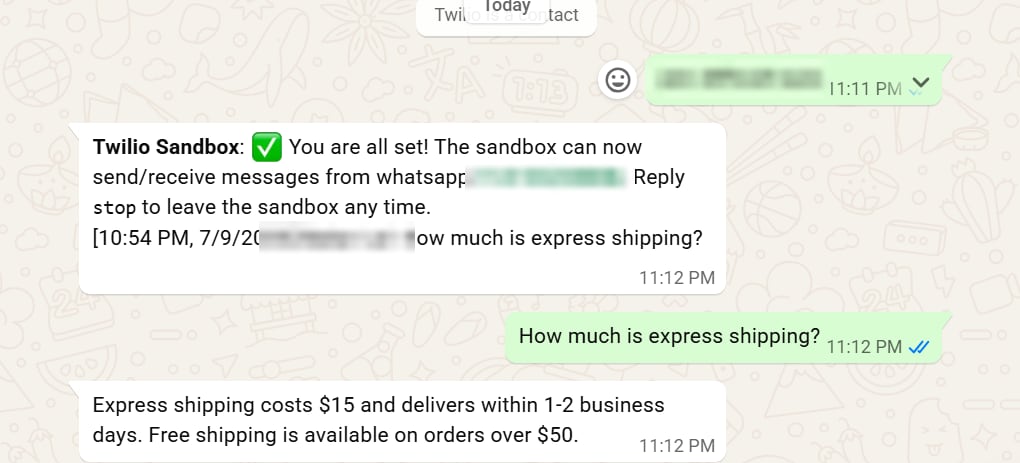 WhatsApp conversation where the customer asks about express shipping and the agent replies with the price, delivery time and free shipping threshold, with the sandbox code, phone number and a name blurred