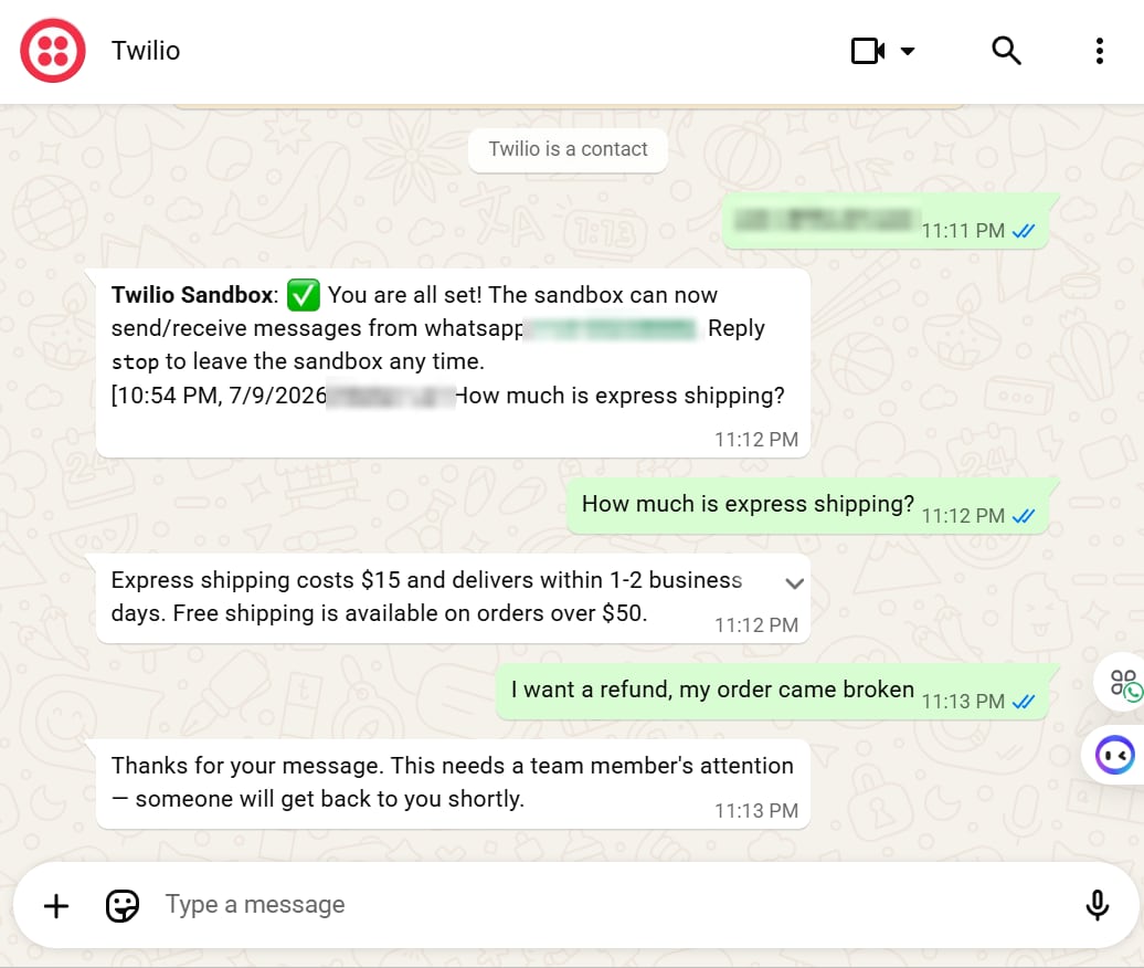 WhatsApp conversation showing the shipping answer, then a refund request and the agent's reply that a team member will follow up