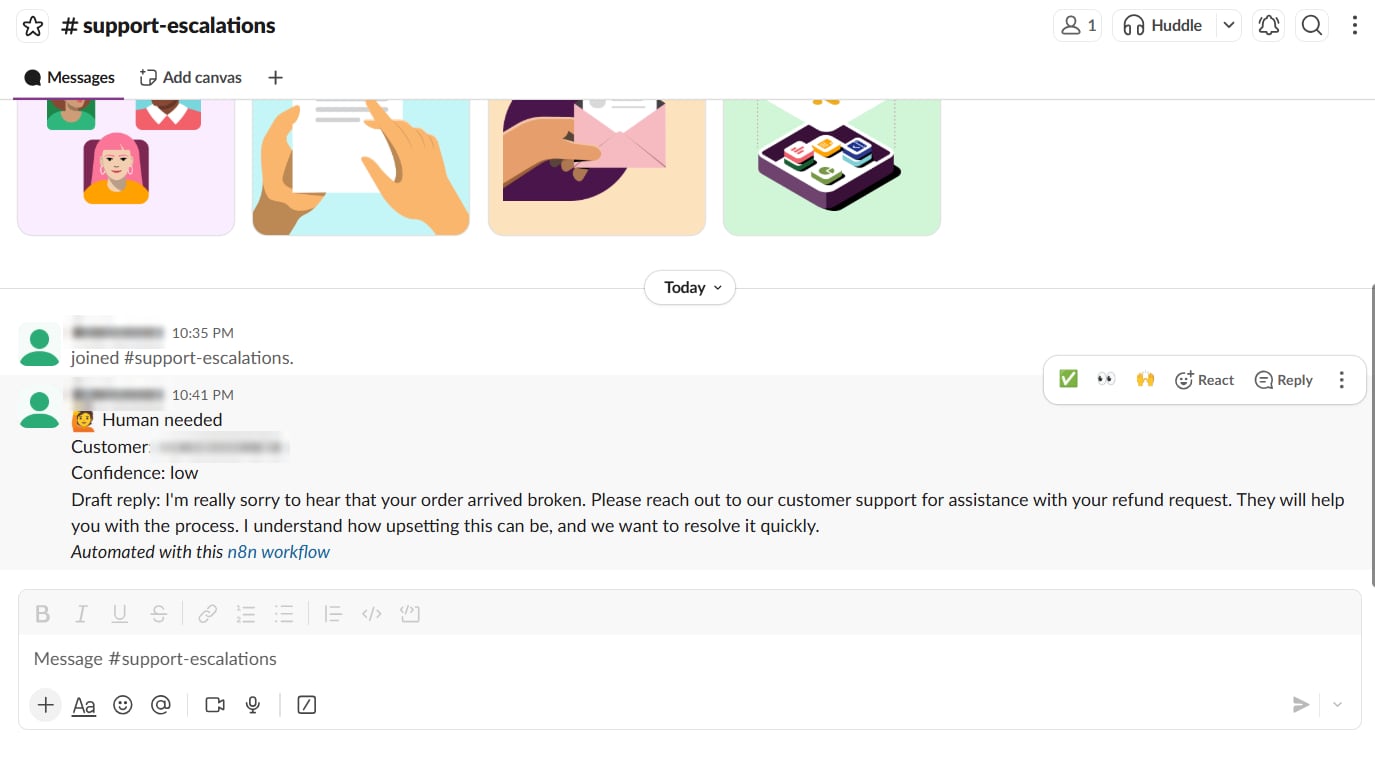Slack channel support-escalations with a Human needed alert showing the customer, a low confidence level and a draft reply, with the customer number and staff name blurred