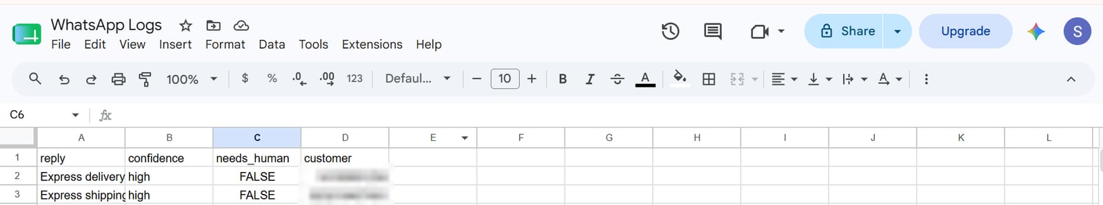 Google Sheet named WhatsApp Logs with columns for reply, confidence, needs human and customer, with customer numbers blurred
